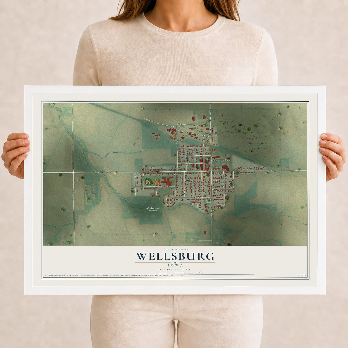 Map of Wellsburg, Iowa, 12 x 18 inch print in a white wood frame