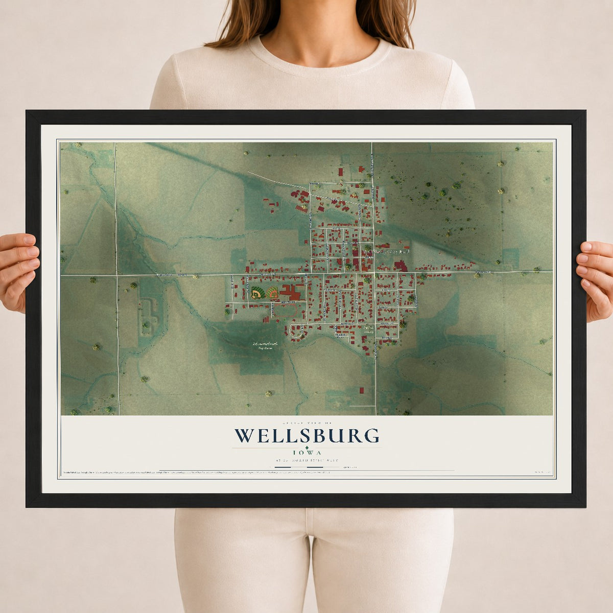 Map of Wellsburg, Iowa, 18 x 24 inch print in a black wood frame