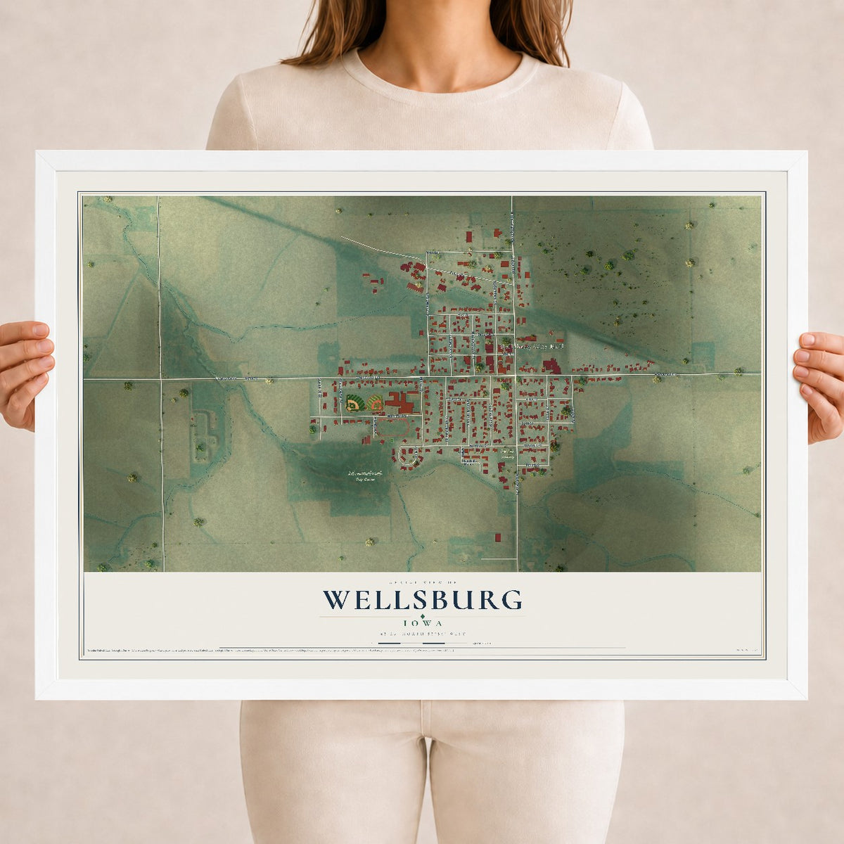 Map of Wellsburg, Iowa, 18 x 24 inch print in a white wood frame
