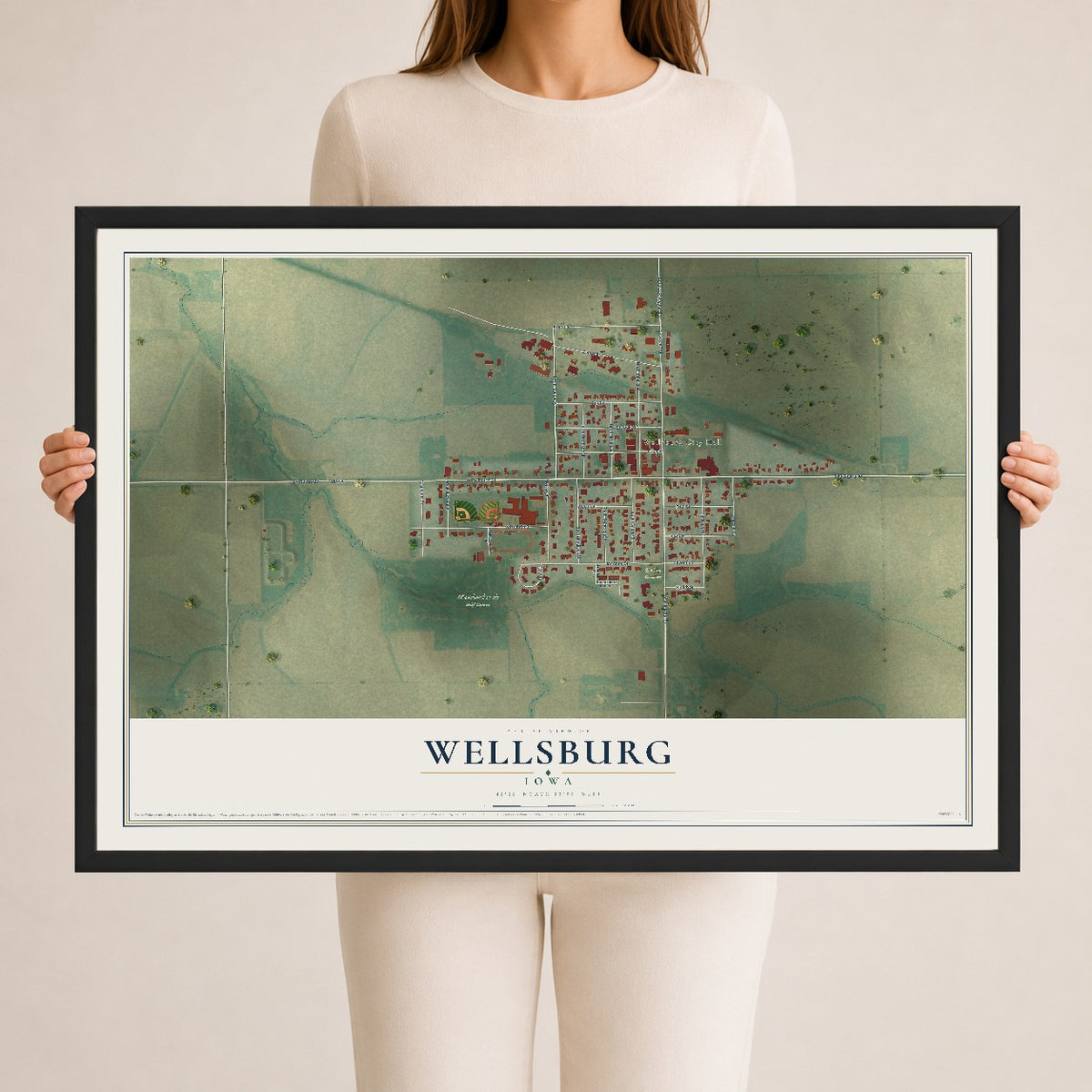 Map of Wellsburg, Iowa, 24 x 36 inch print in a black wood frame