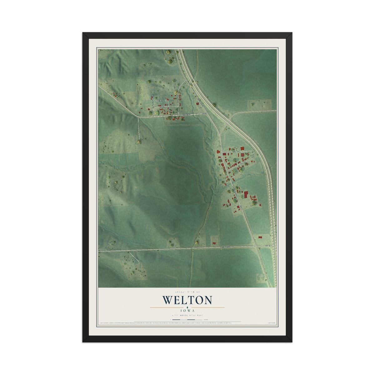 Map of Welton, Iowa, 12 x 18 inch print in a black wood frame