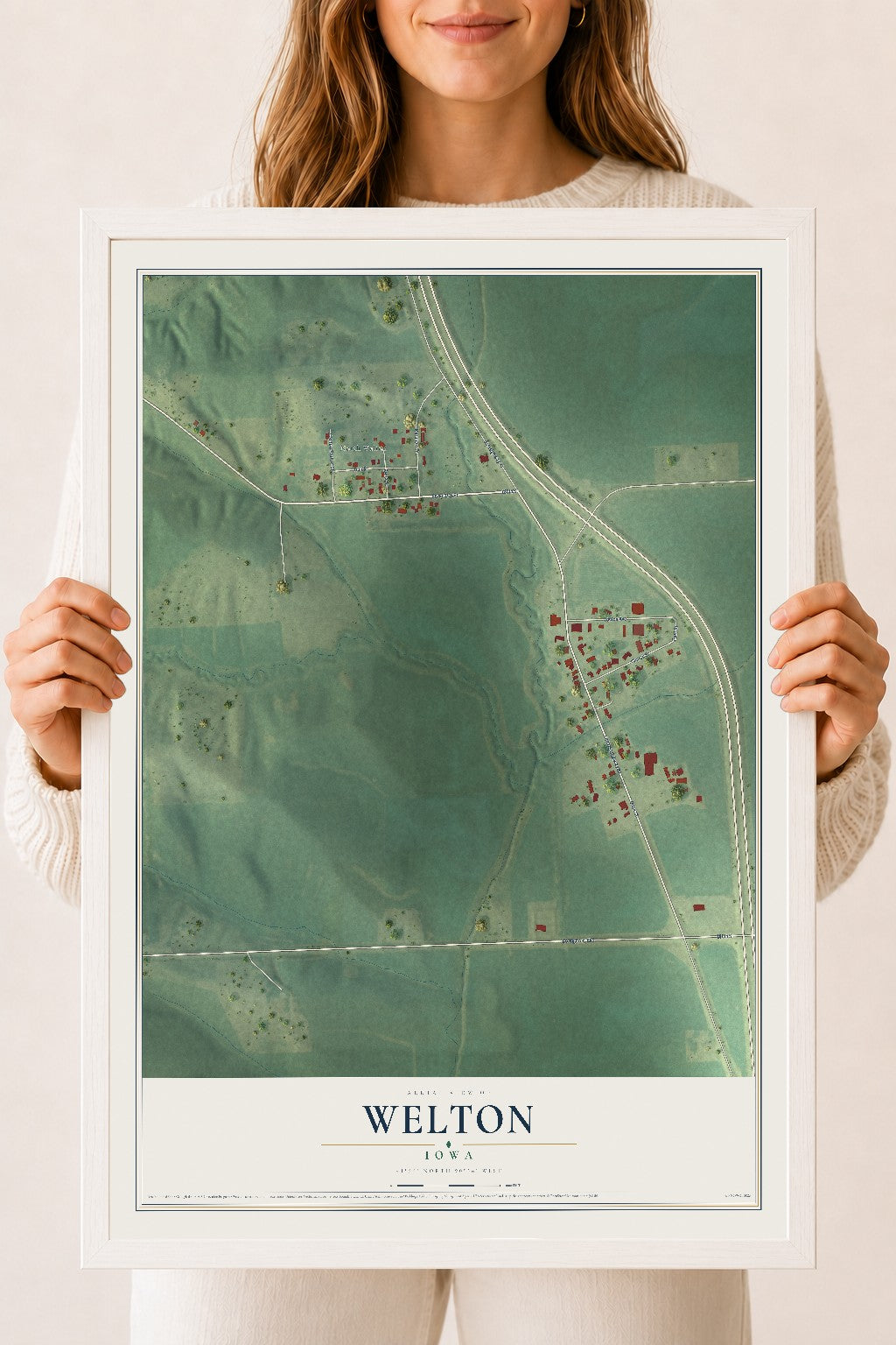 Map of Welton, Iowa, 18 x 24 inch print in a white wood frame