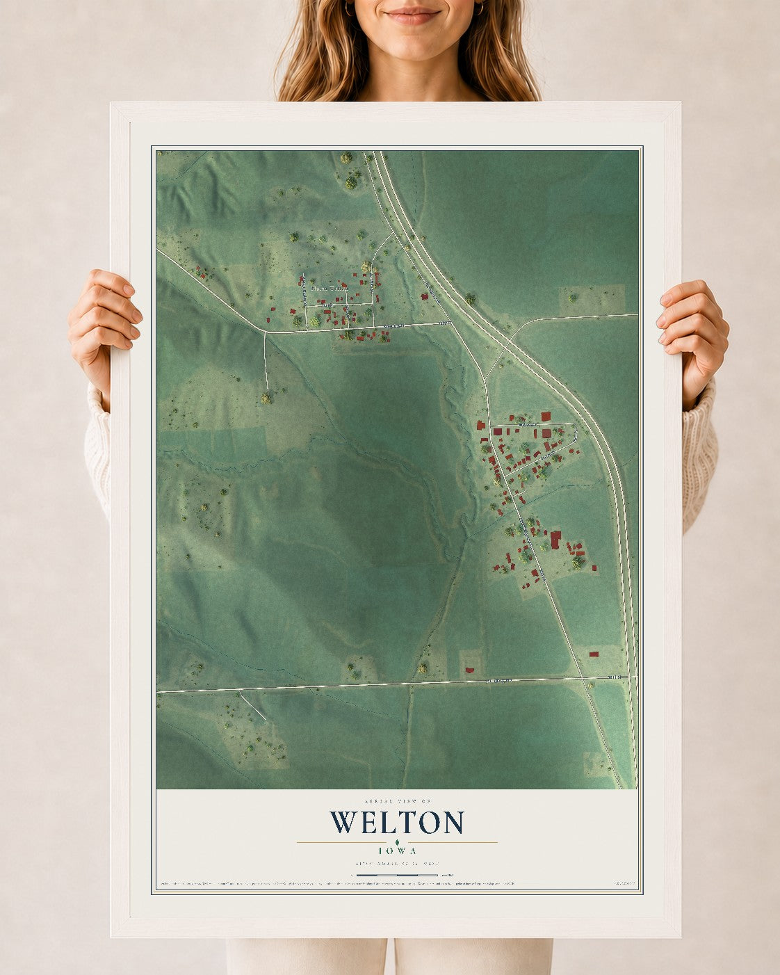 Map of Welton, Iowa, 24 x 36 inch print in a white wood frame