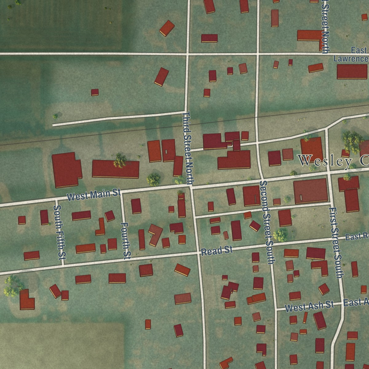 Close-up of the map of Wesley, Iowa print showing street and building detail