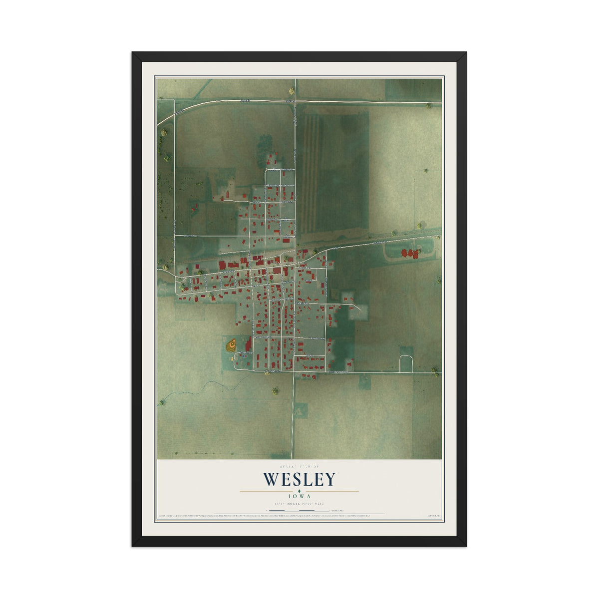 Map of Wesley, Iowa, 12 x 18 inch print in a black wood frame