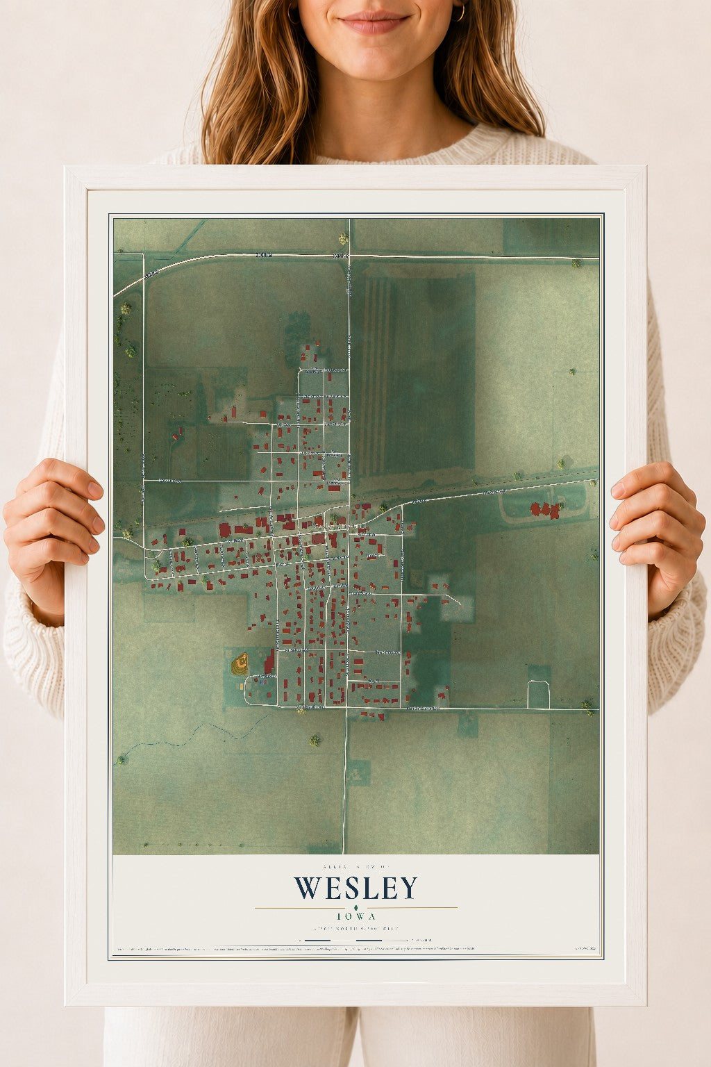 Map of Wesley, Iowa, 18 x 24 inch print in a white wood frame