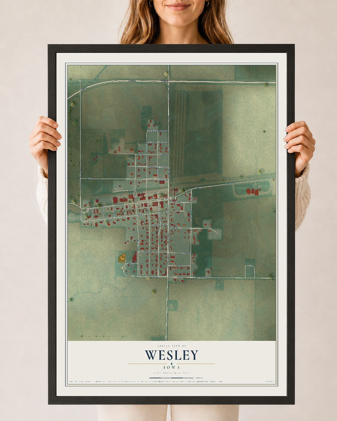 Map of Wesley, Iowa, 24 x 36 inch print in a black wood frame