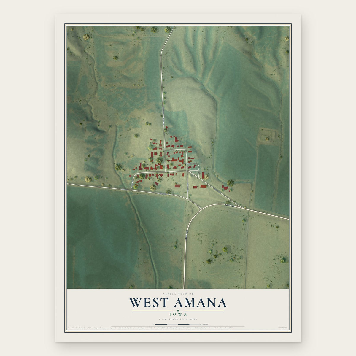 West Amana, Iowa map print, the full design