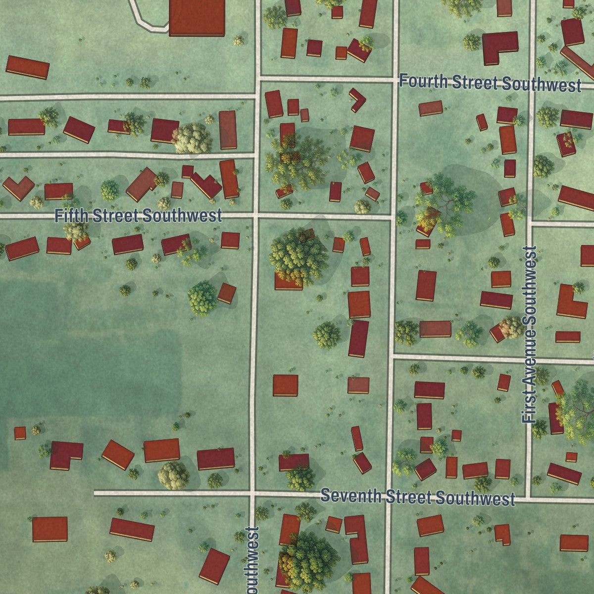 Second close-up of the map of West Bend, Iowa print showing more streets and buildings