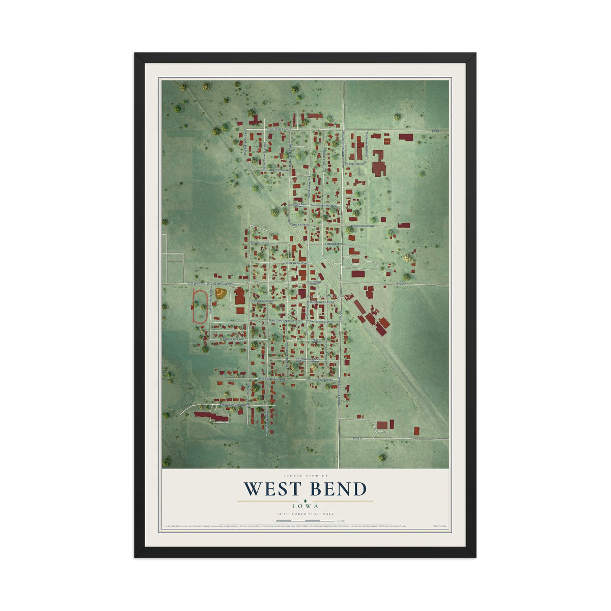 Map of West Bend, Iowa, 12 x 18 inch print in a black wood frame