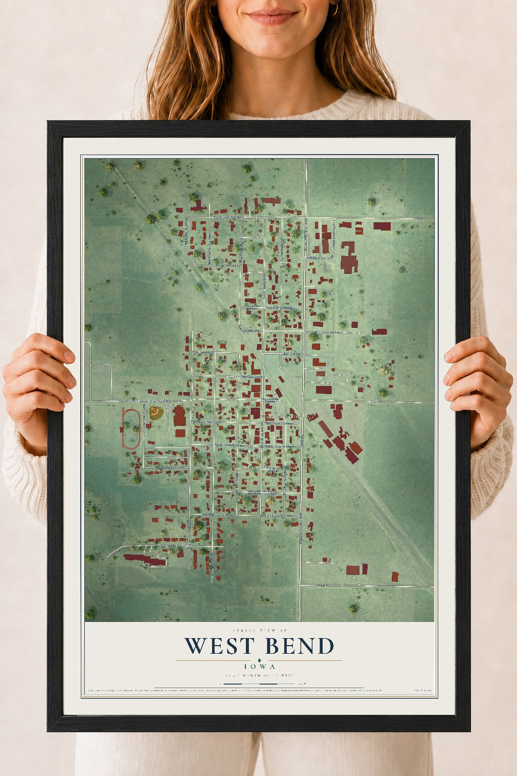 Map of West Bend, Iowa, 18 x 24 inch print in a black wood frame