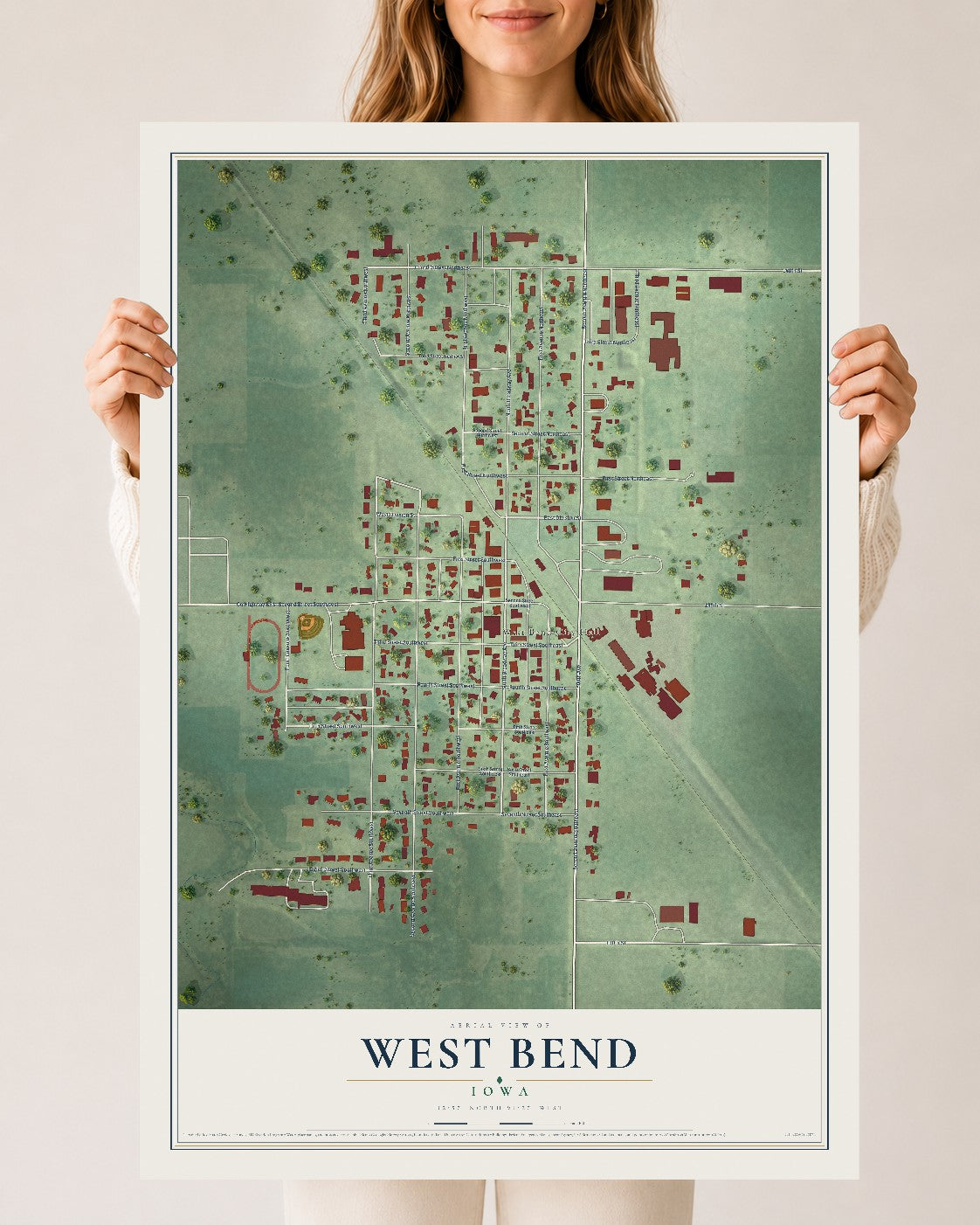 Map of West Bend, Iowa, 24 x 36 inch unframed archival matte print