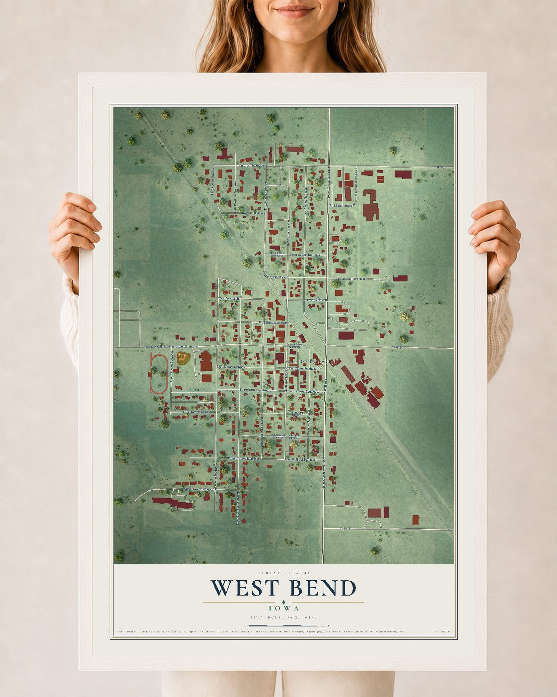 Map of West Bend, Iowa, 24 x 36 inch print in a white wood frame