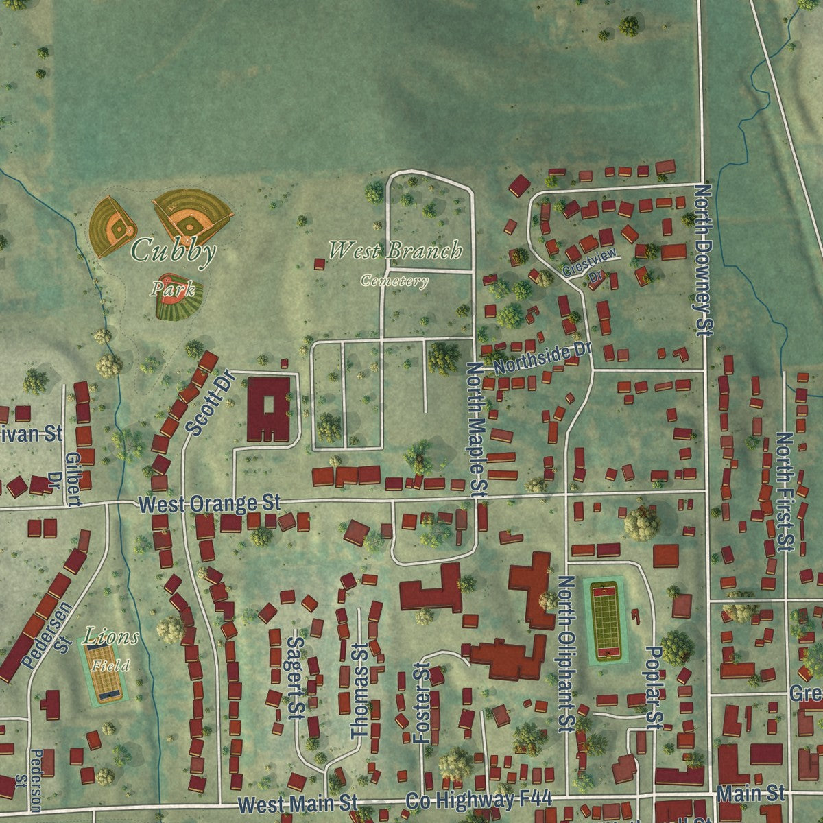 Close-up of the map of West Branch, Iowa print showing street and building detail