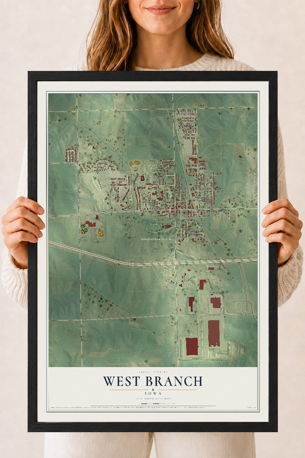 Map of West Branch, Iowa, 18 x 24 inch print in a black wood frame