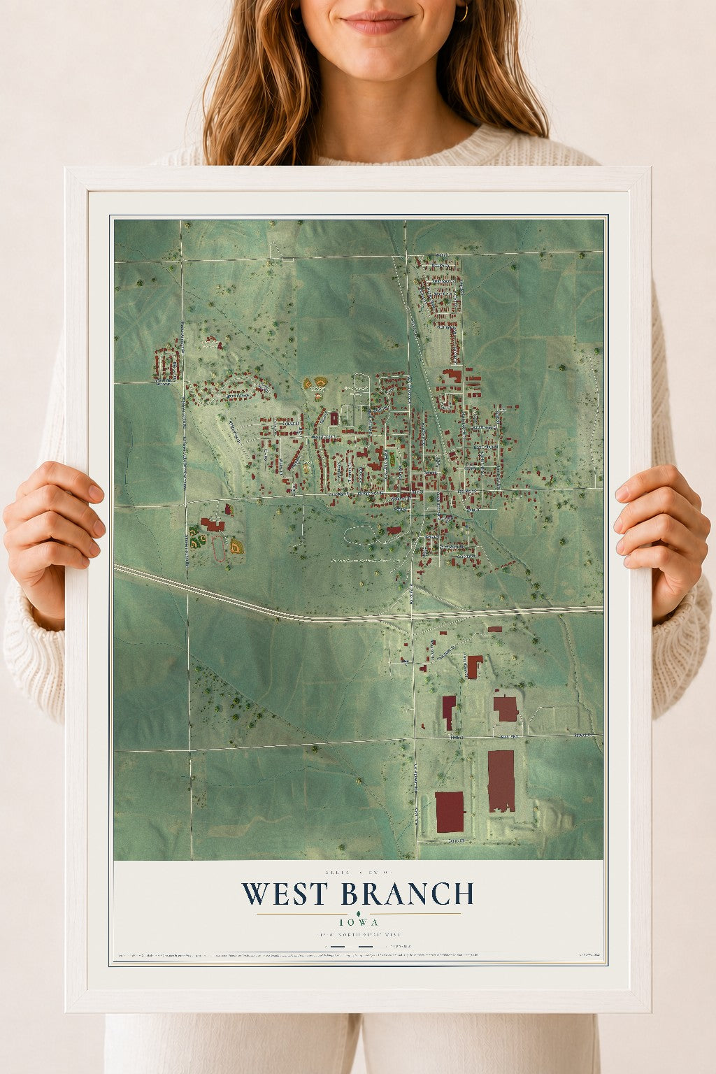 Map of West Branch, Iowa, 18 x 24 inch print in a white wood frame