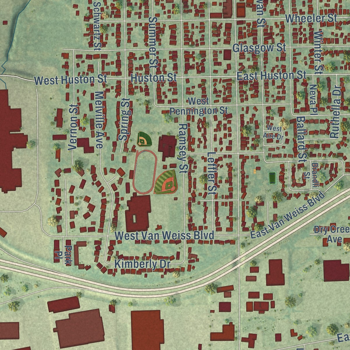Close-up of the map of West Burlington, Iowa print showing street and building detail