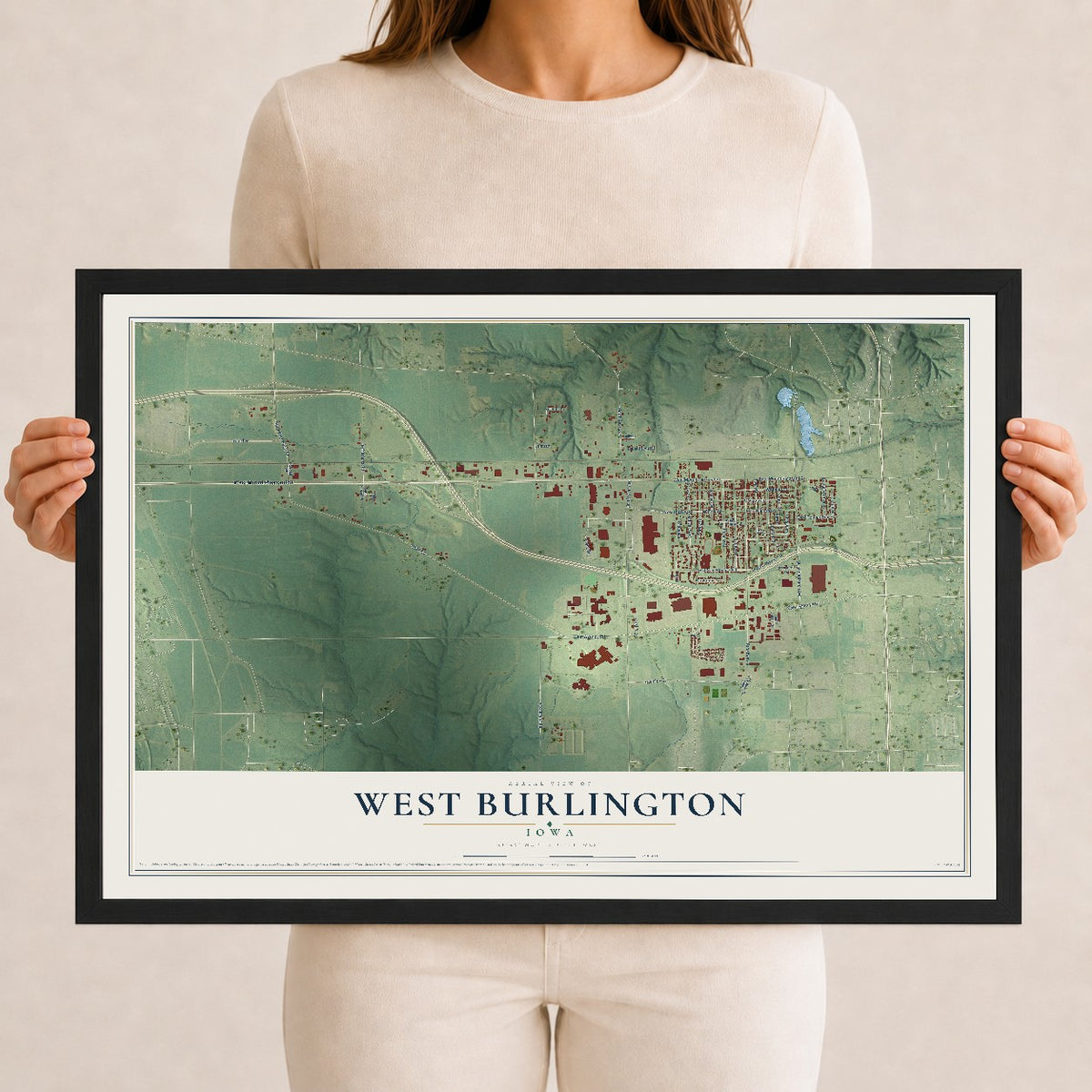 Map of West Burlington, Iowa, 12 x 18 inch print in a black wood frame