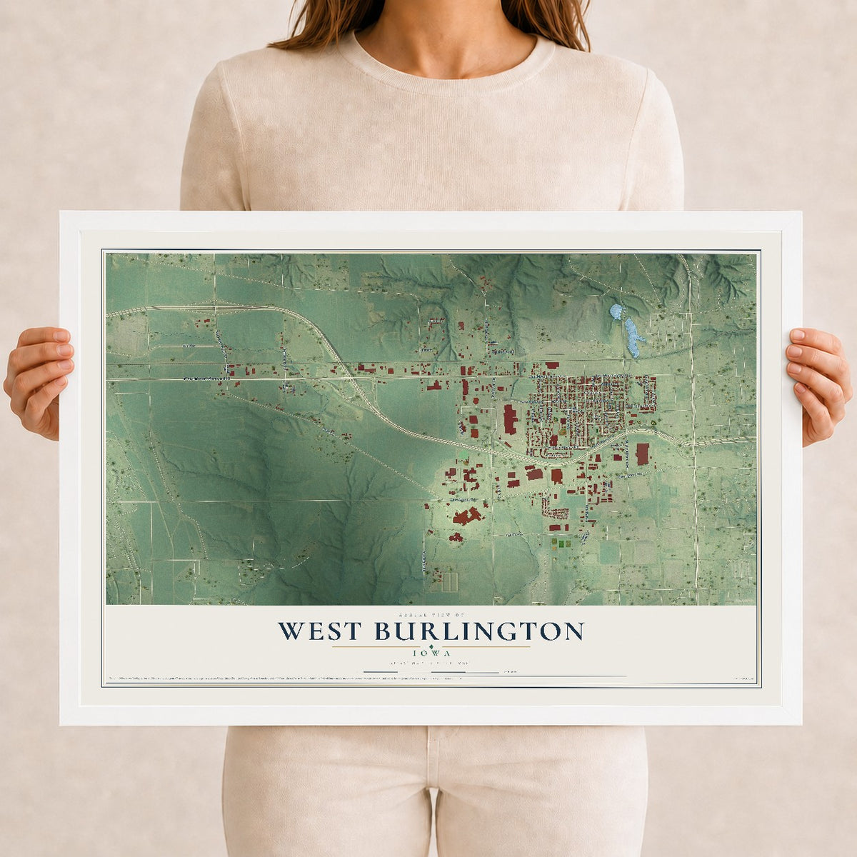 Map of West Burlington, Iowa, 12 x 18 inch print in a white wood frame