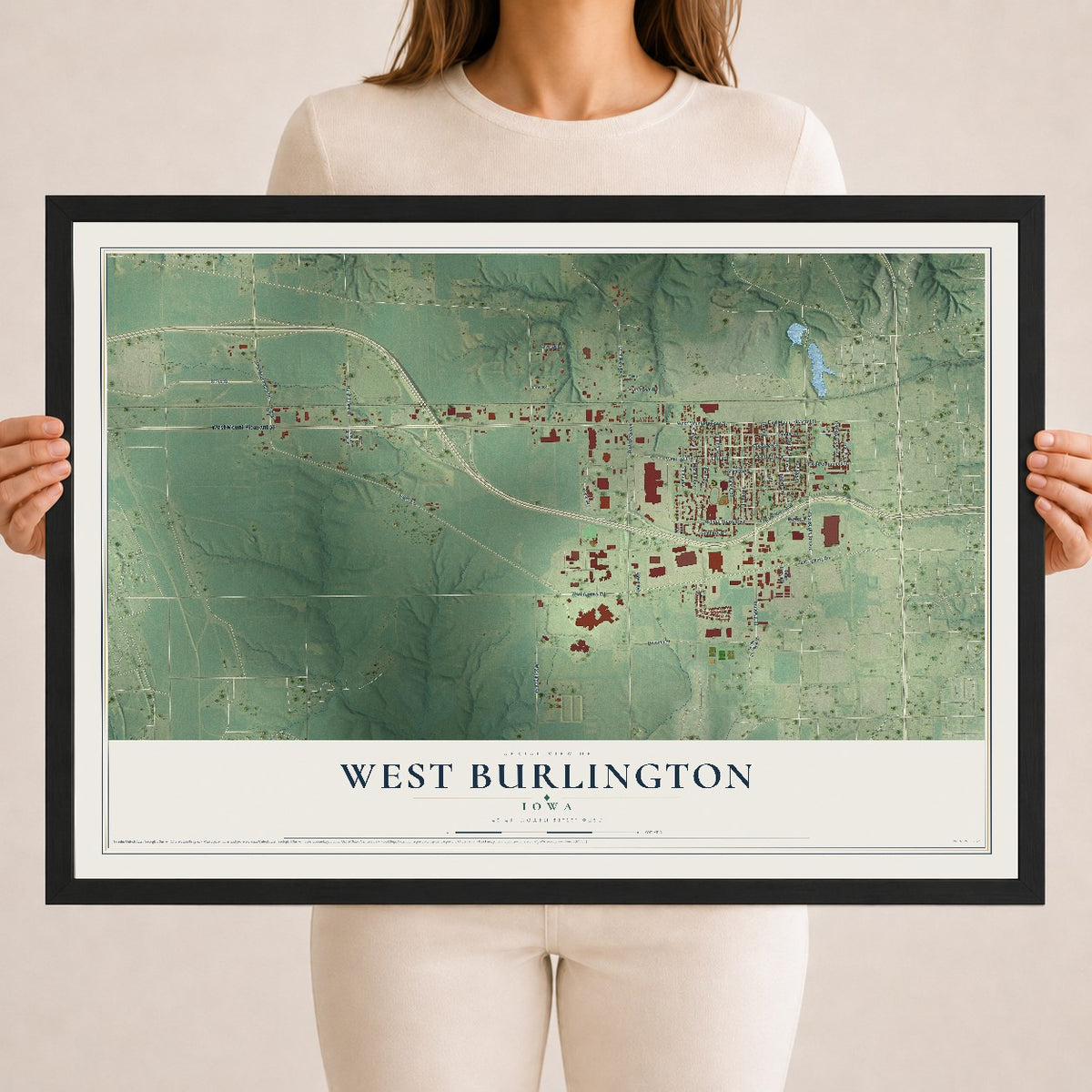 Map of West Burlington, Iowa, 18 x 24 inch print in a black wood frame