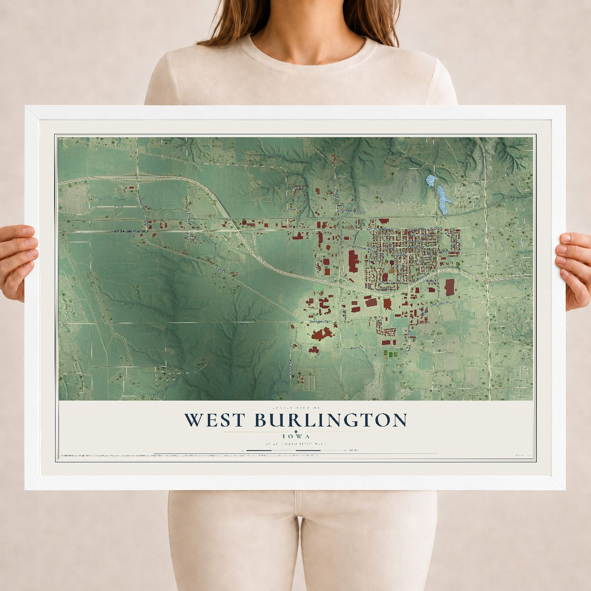 Map of West Burlington, Iowa, 18 x 24 inch print in a white wood frame