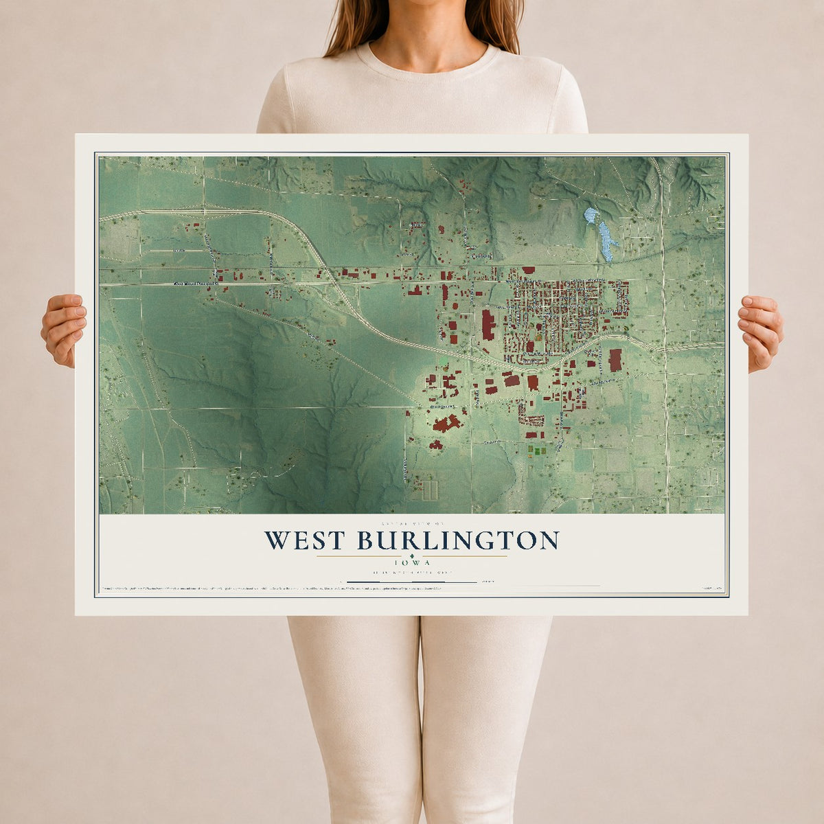Map of West Burlington, Iowa, 24 x 36 inch unframed archival matte print
