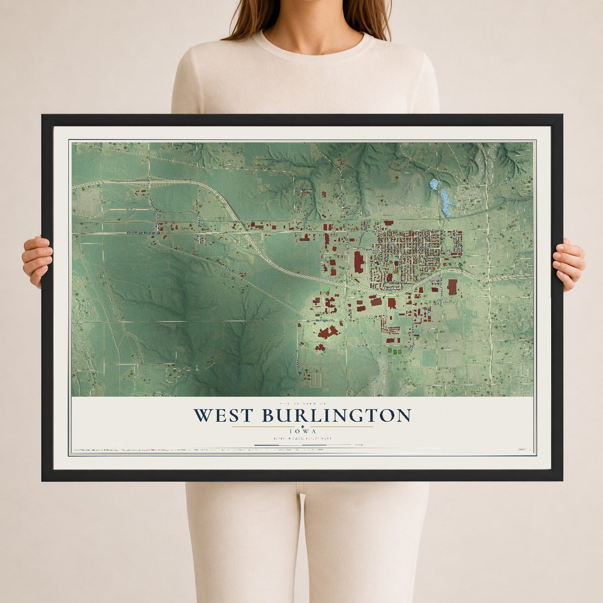 Map of West Burlington, Iowa, 24 x 36 inch print in a black wood frame