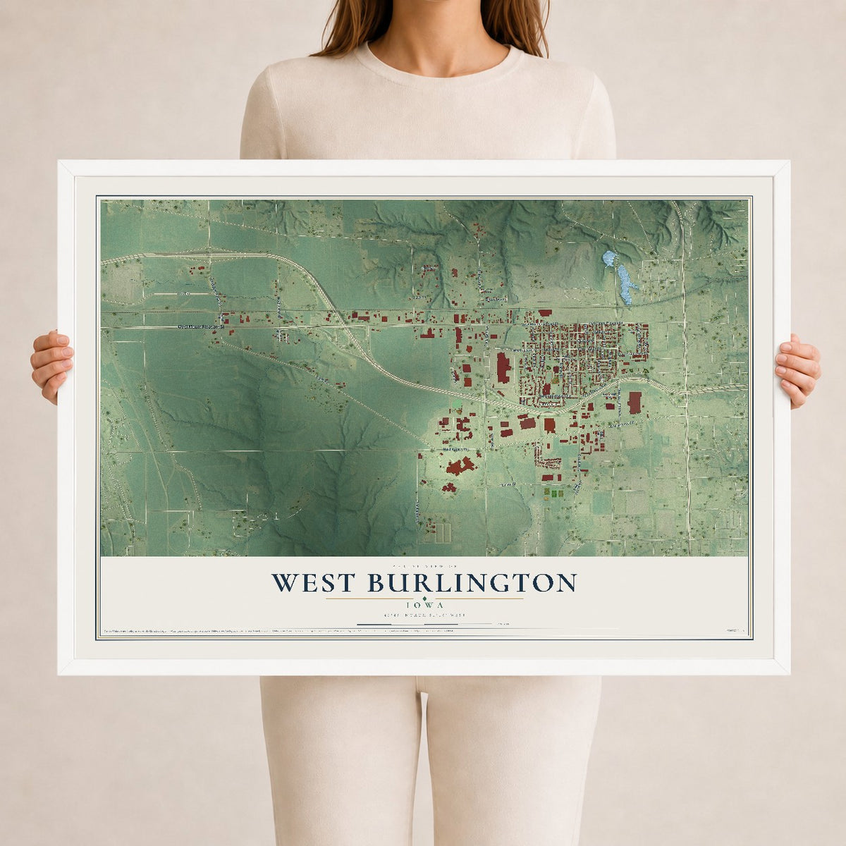 Map of West Burlington, Iowa, 24 x 36 inch print in a white wood frame