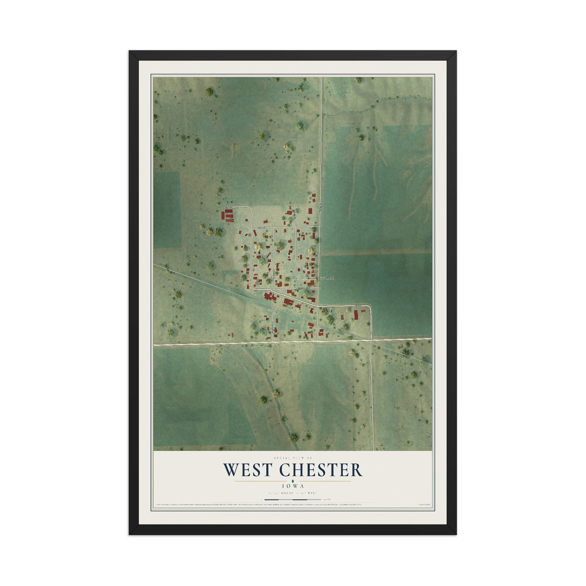 Map of West Chester, Iowa, 12 x 18 inch print in a black wood frame