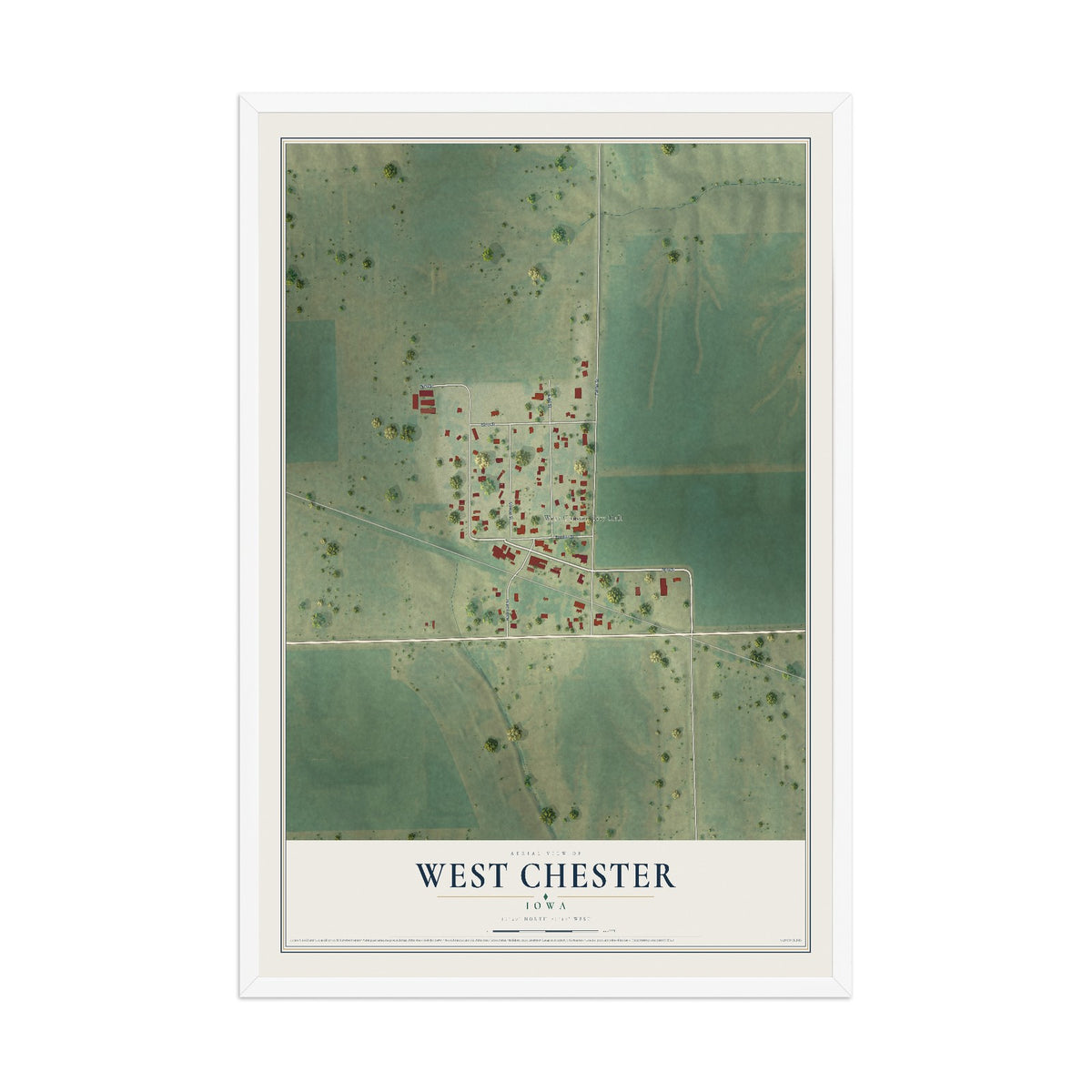 Map of West Chester, Iowa, 12 x 18 inch print in a white wood frame