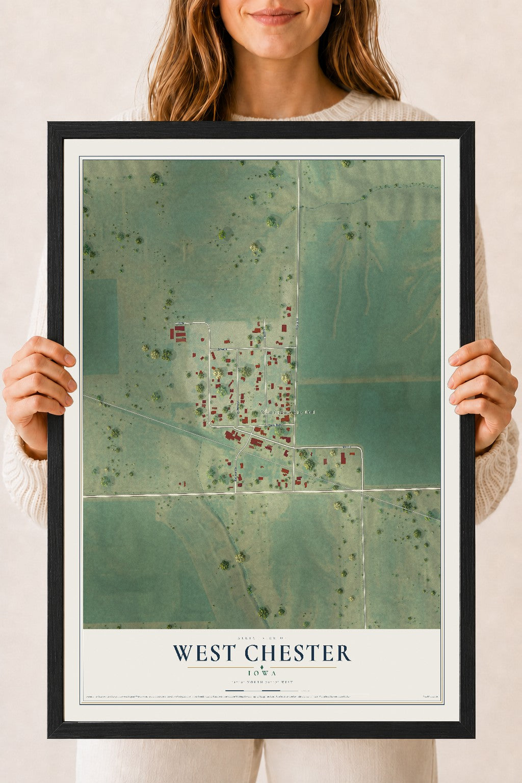 Map of West Chester, Iowa, 18 x 24 inch print in a black wood frame