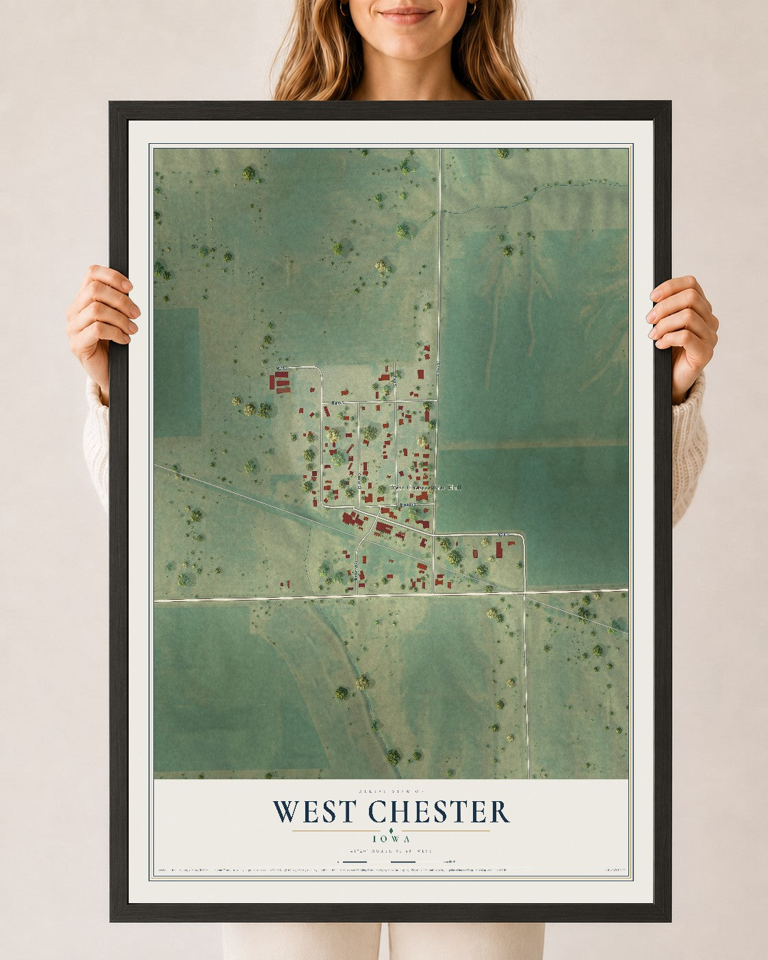 Map of West Chester, Iowa, 24 x 36 inch print in a black wood frame