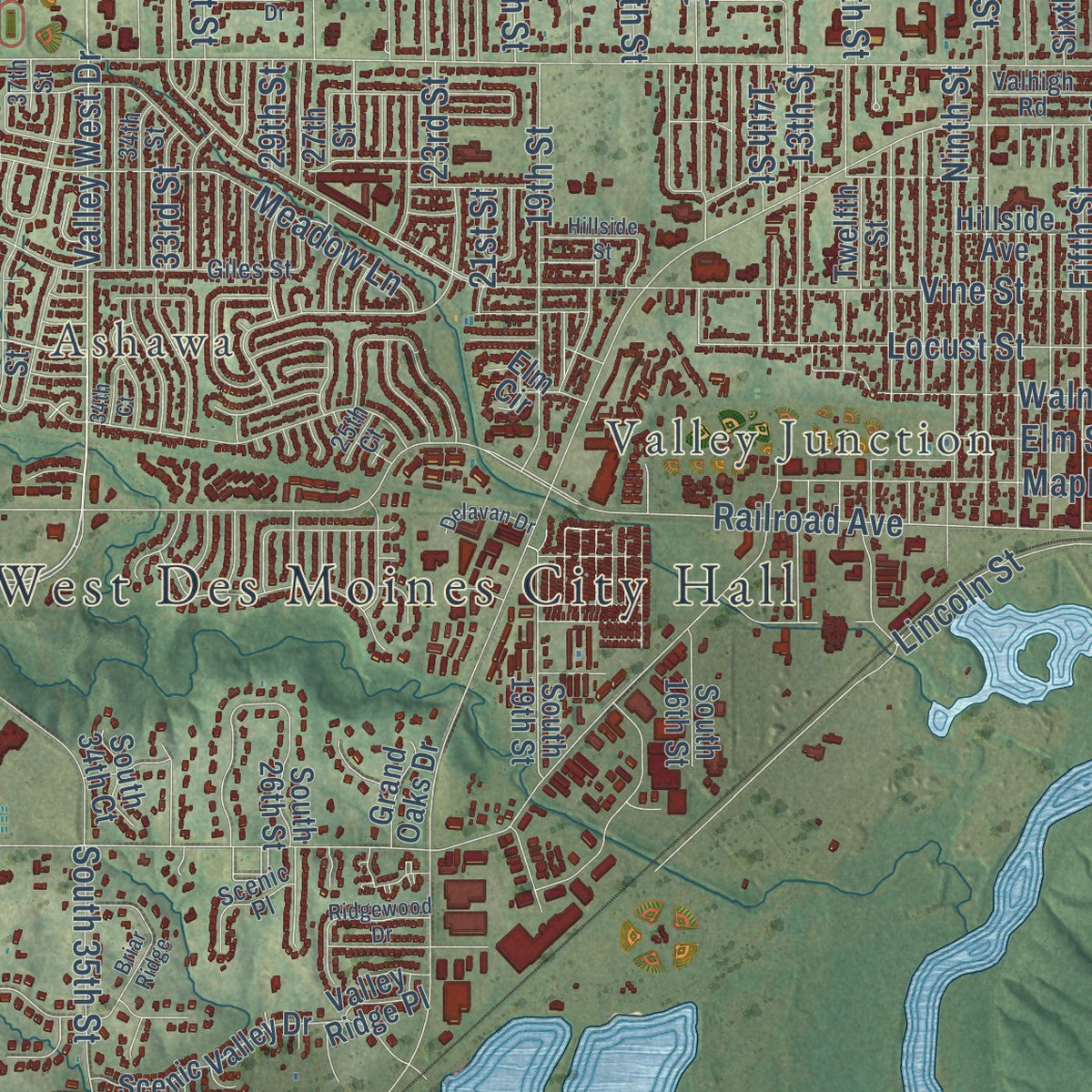 Second close-up of the map of West Des Moines, Iowa print showing more streets and buildings