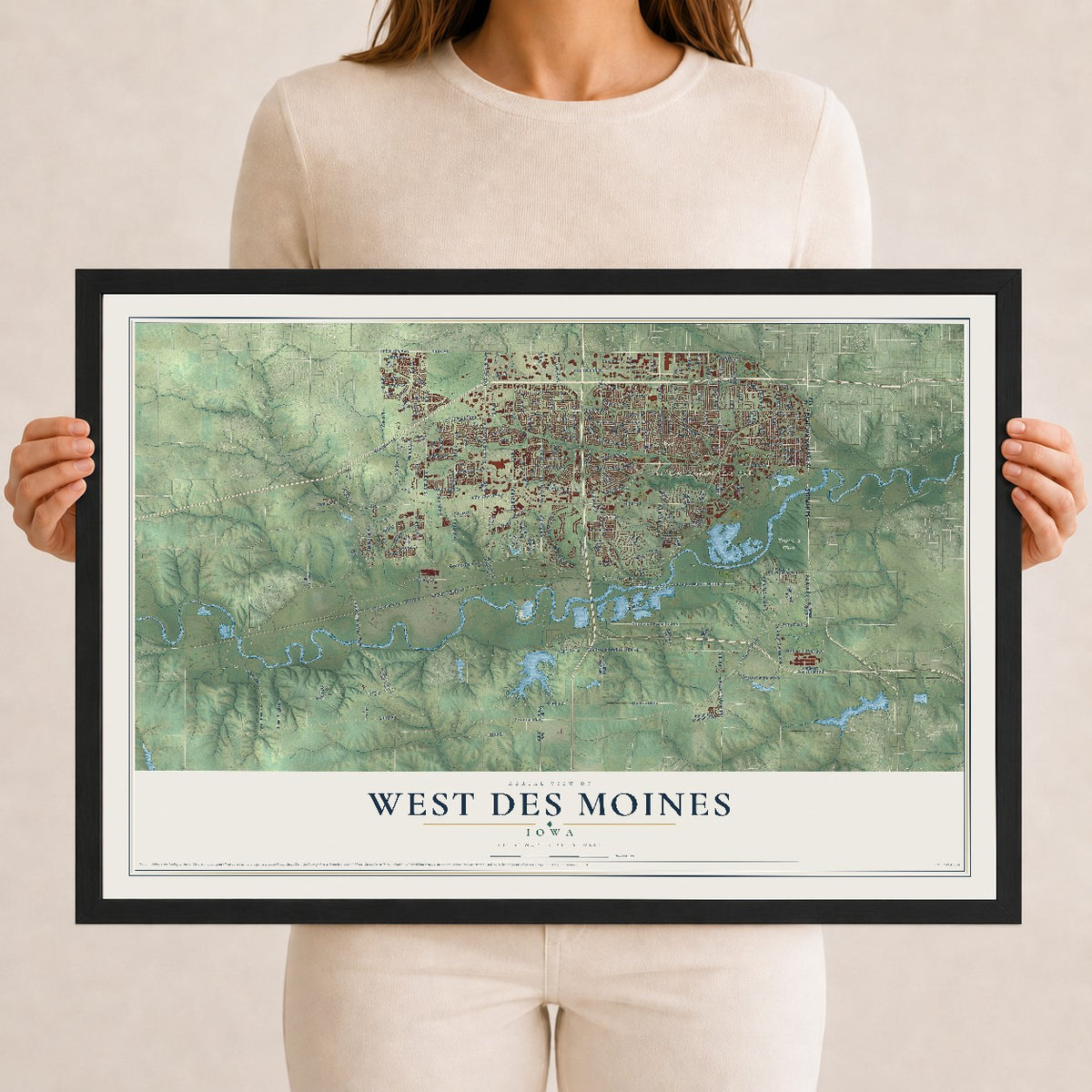 Map of West Des Moines, Iowa, 12 x 18 inch print in a black wood frame