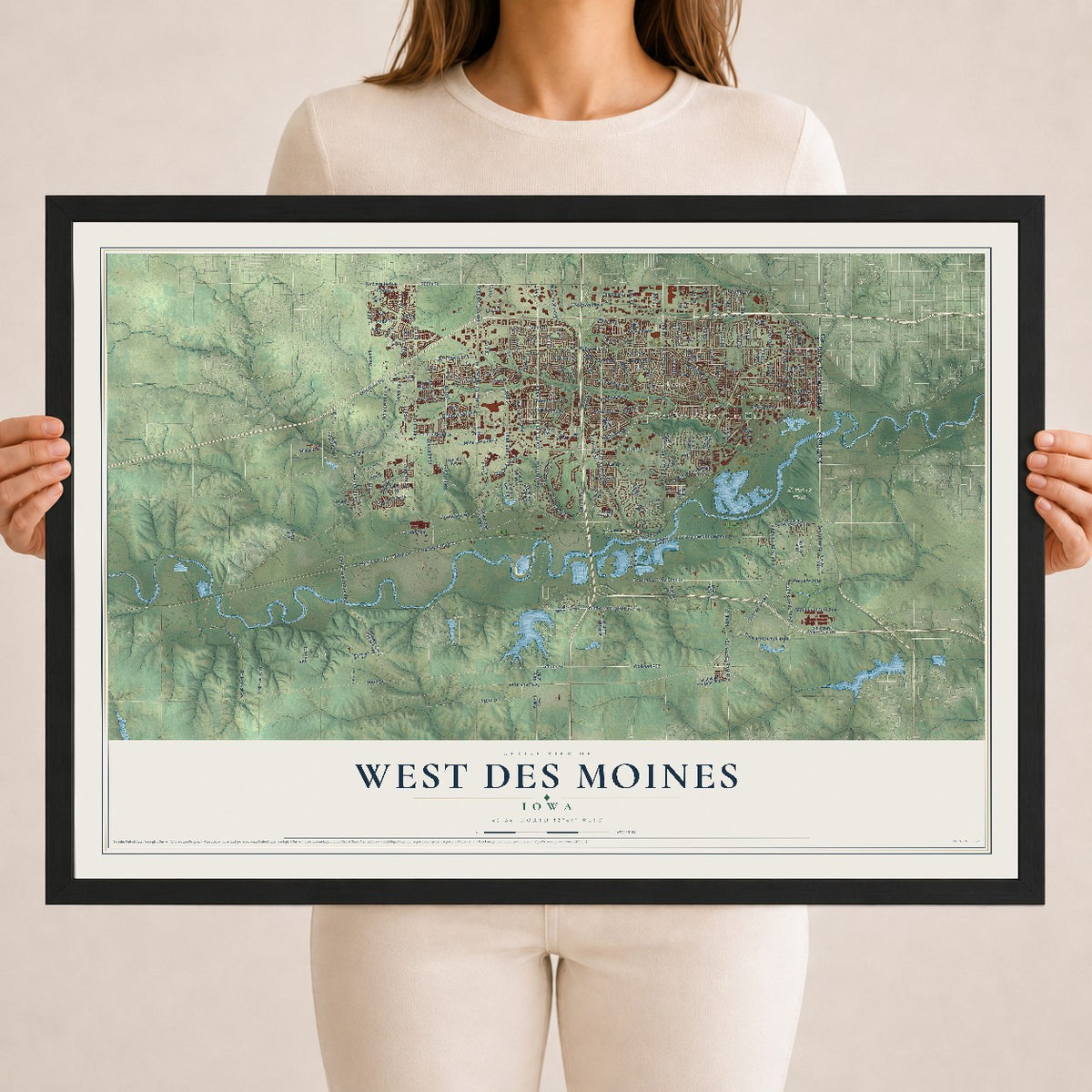 Map of West Des Moines, Iowa, 18 x 24 inch print in a black wood frame