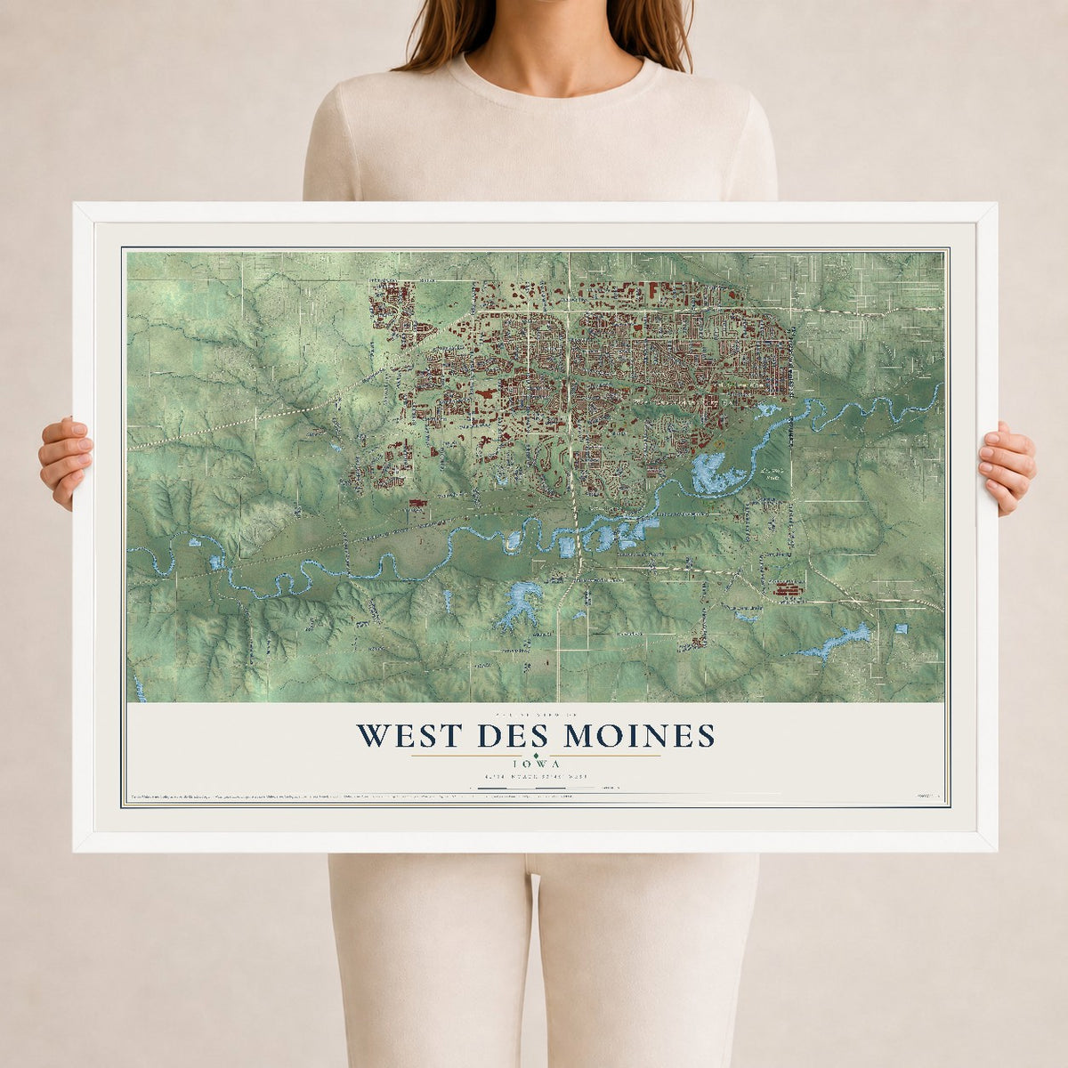 Map of West Des Moines, Iowa, 24 x 36 inch print in a white wood frame