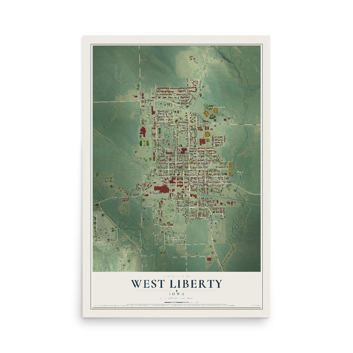 Map of West Liberty, Iowa, 12 x 18 inch unframed archival matte print