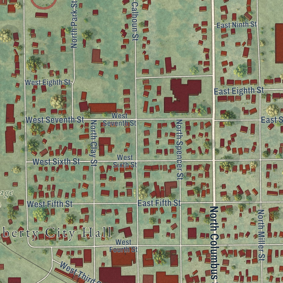 Close-up of the map of West Liberty, Iowa print showing street and building detail
