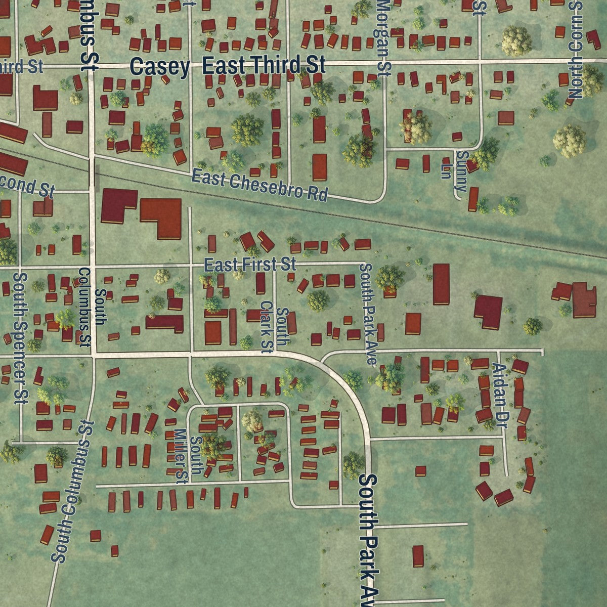 Second close-up of the map of West Liberty, Iowa print showing more streets and buildings