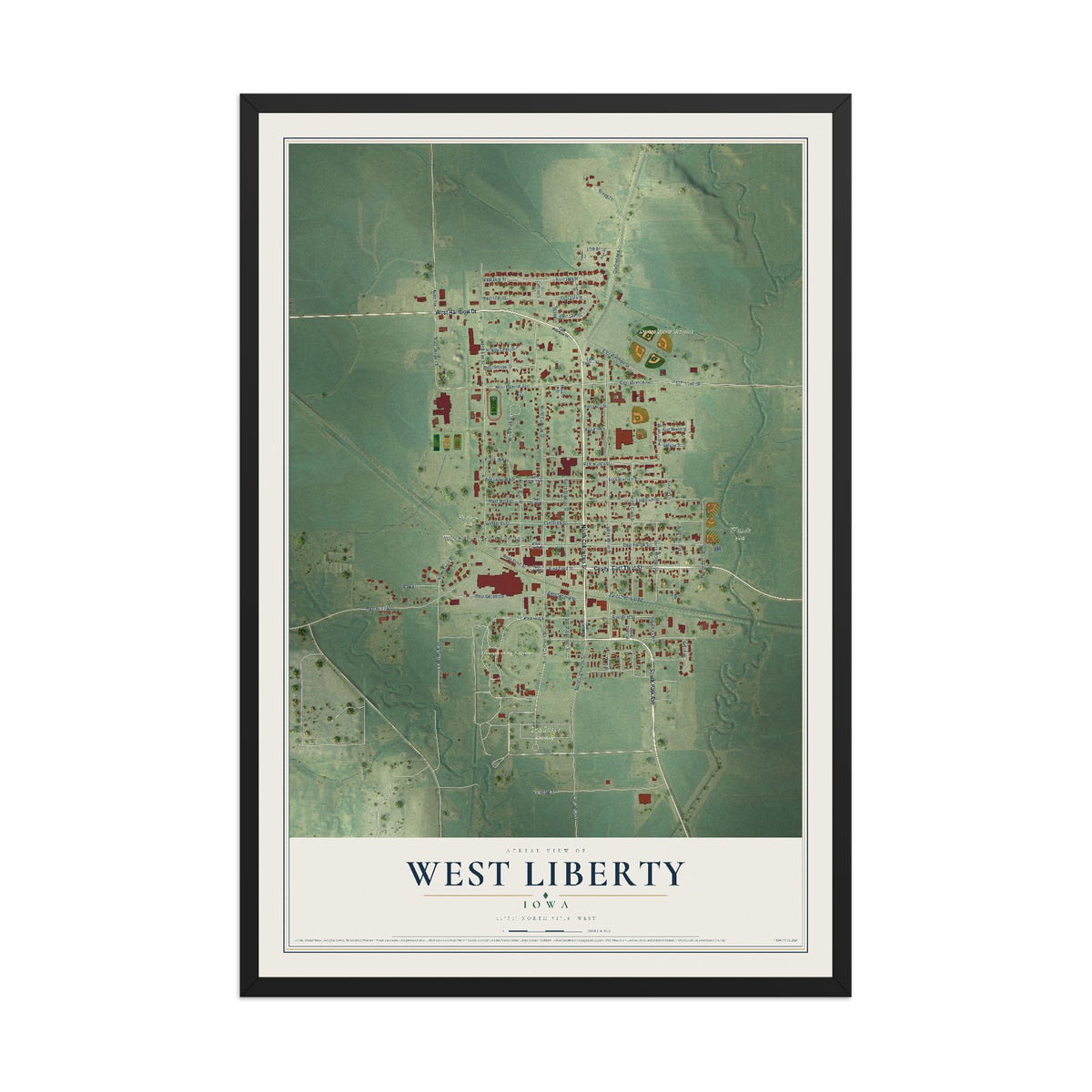 Map of West Liberty, Iowa, 12 x 18 inch print in a black wood frame