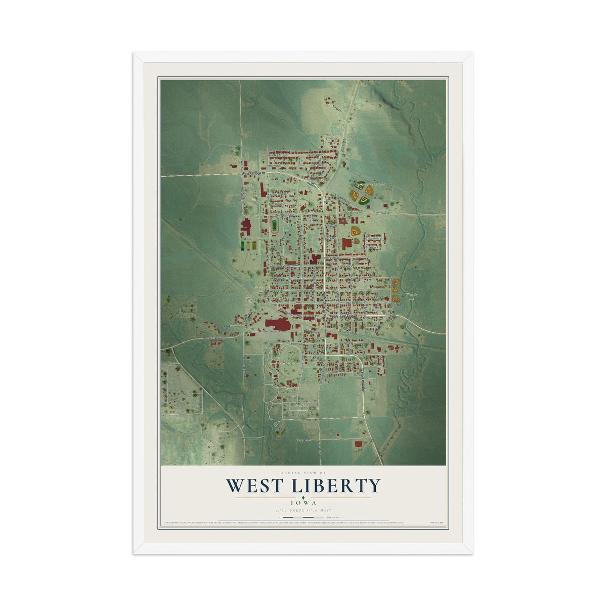 Map of West Liberty, Iowa, 12 x 18 inch print in a white wood frame