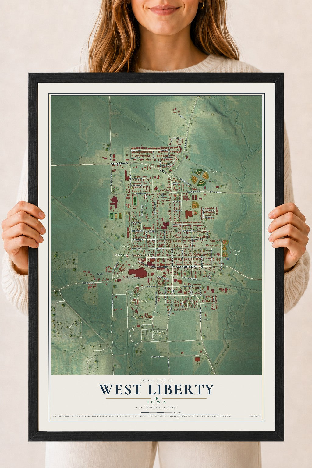 Map of West Liberty, Iowa, 18 x 24 inch print in a black wood frame