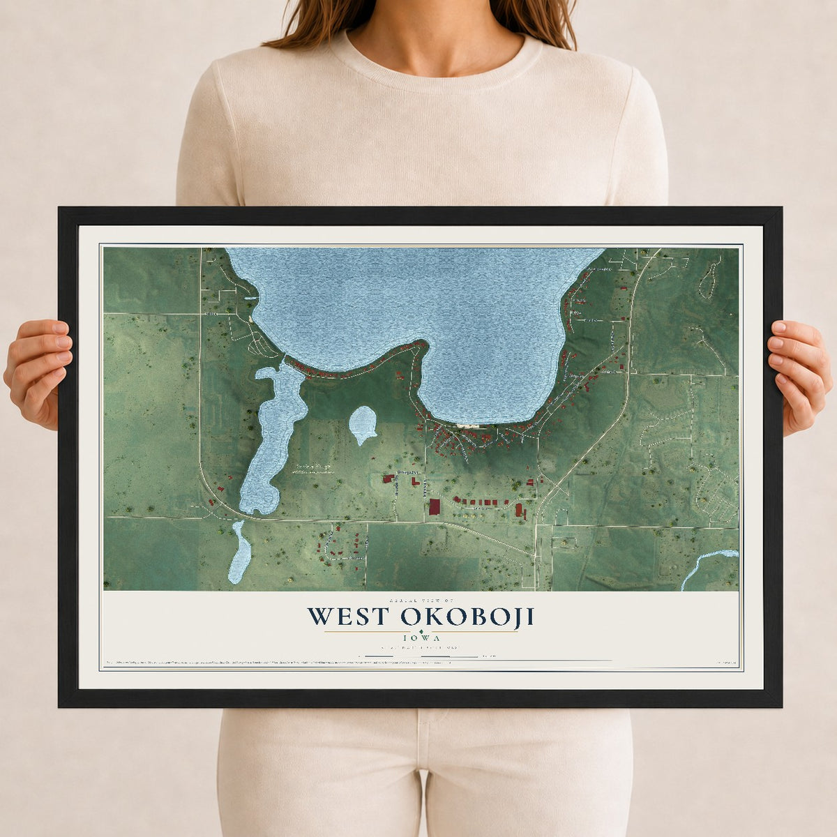 Map of West Okoboji, Iowa, 12 x 18 inch print in a black wood frame