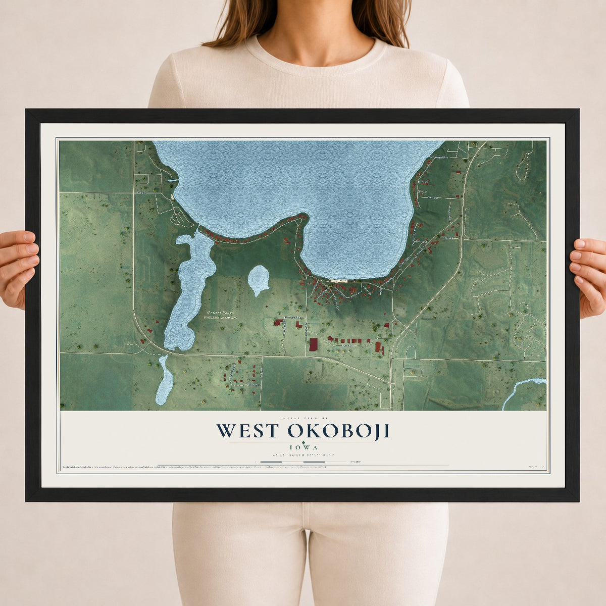 Map of West Okoboji, Iowa, 18 x 24 inch print in a black wood frame