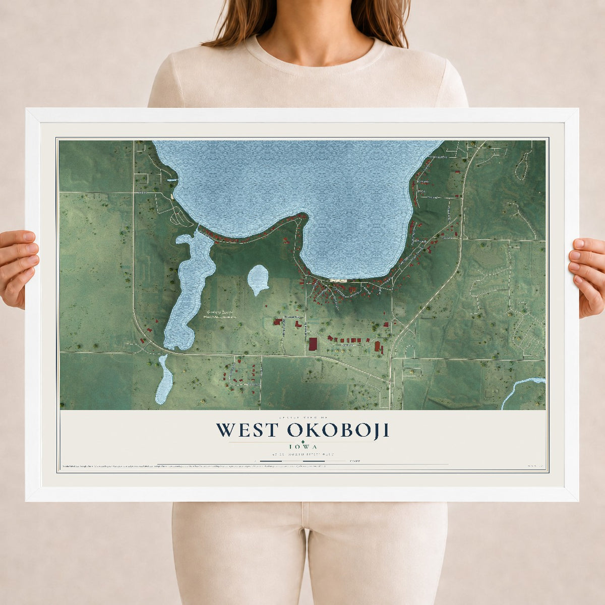 Map of West Okoboji, Iowa, 18 x 24 inch print in a white wood frame