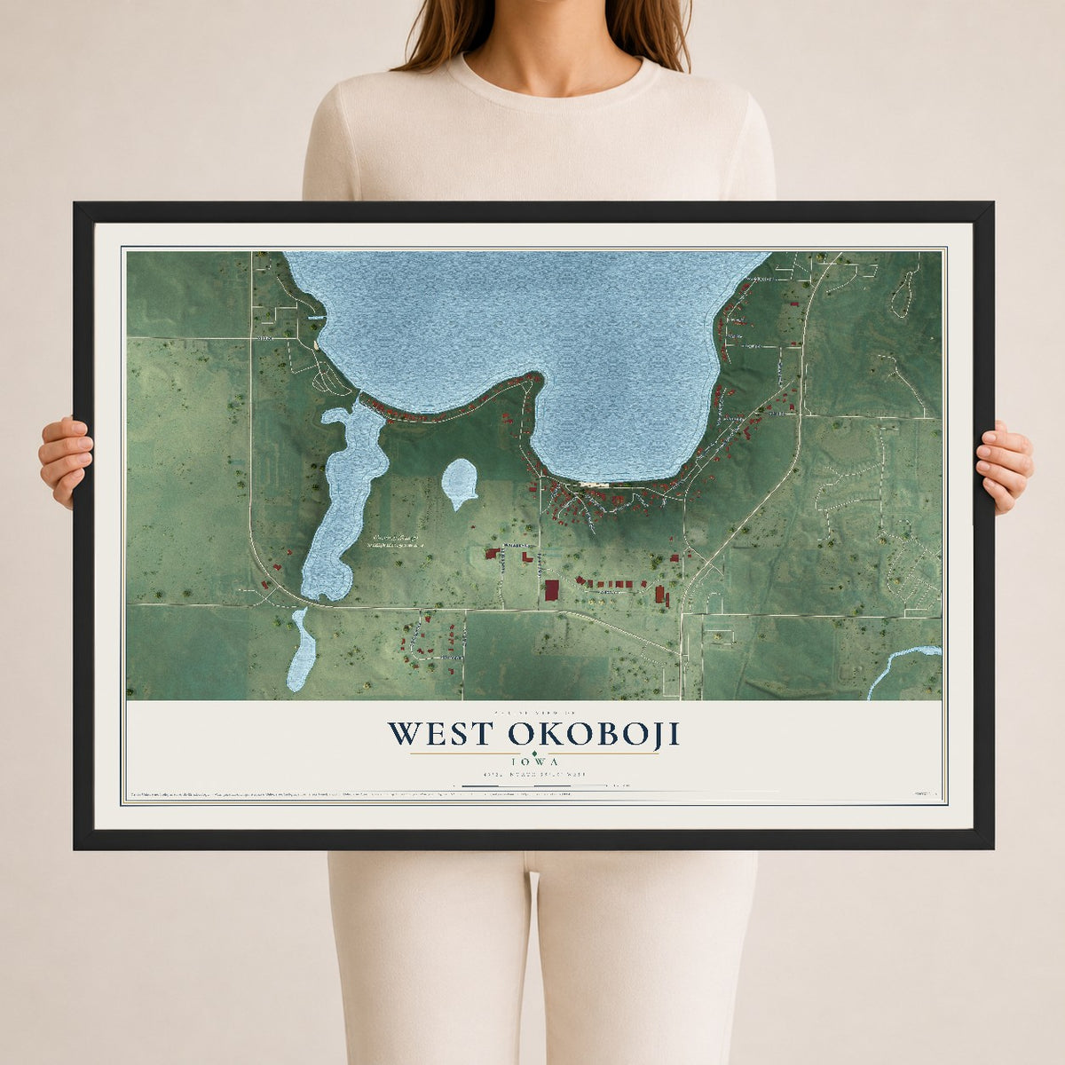 Map of West Okoboji, Iowa, 24 x 36 inch print in a black wood frame