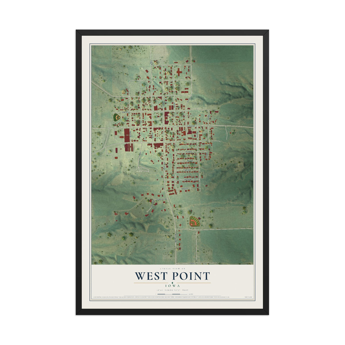 Map of West Point, Iowa, 12 x 18 inch print in a black wood frame