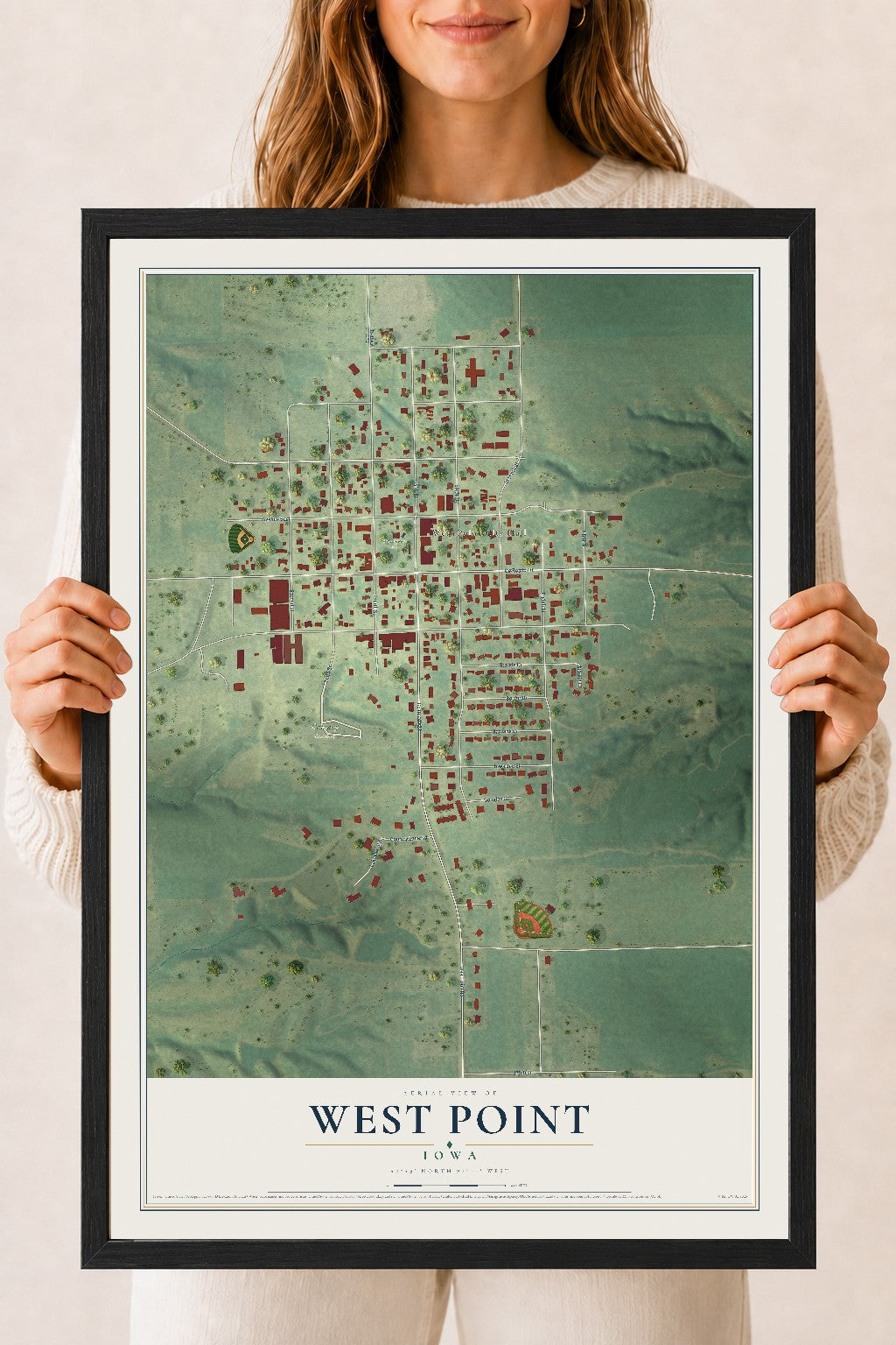 Map of West Point, Iowa, 18 x 24 inch print in a black wood frame