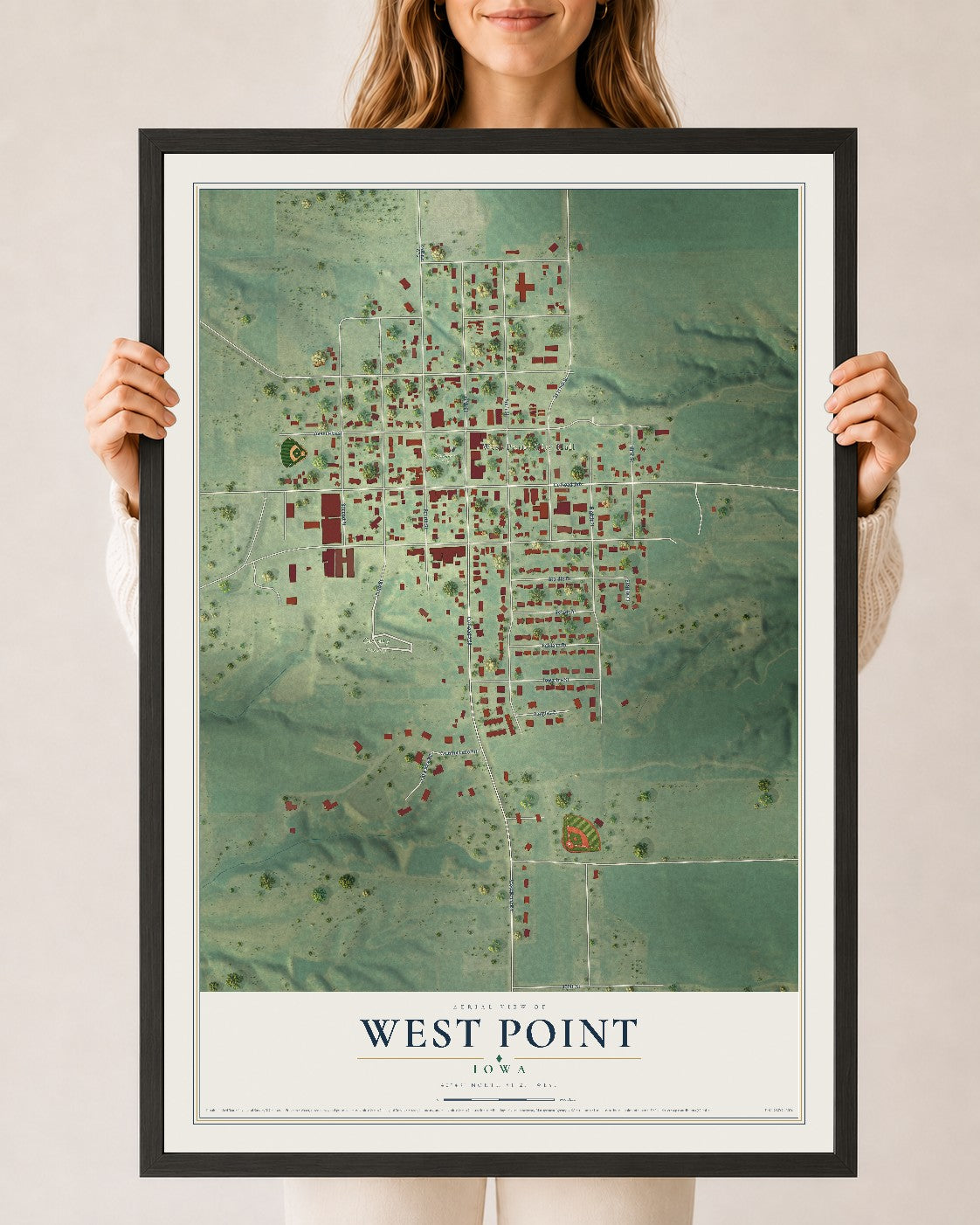 Map of West Point, Iowa, 24 x 36 inch print in a black wood frame