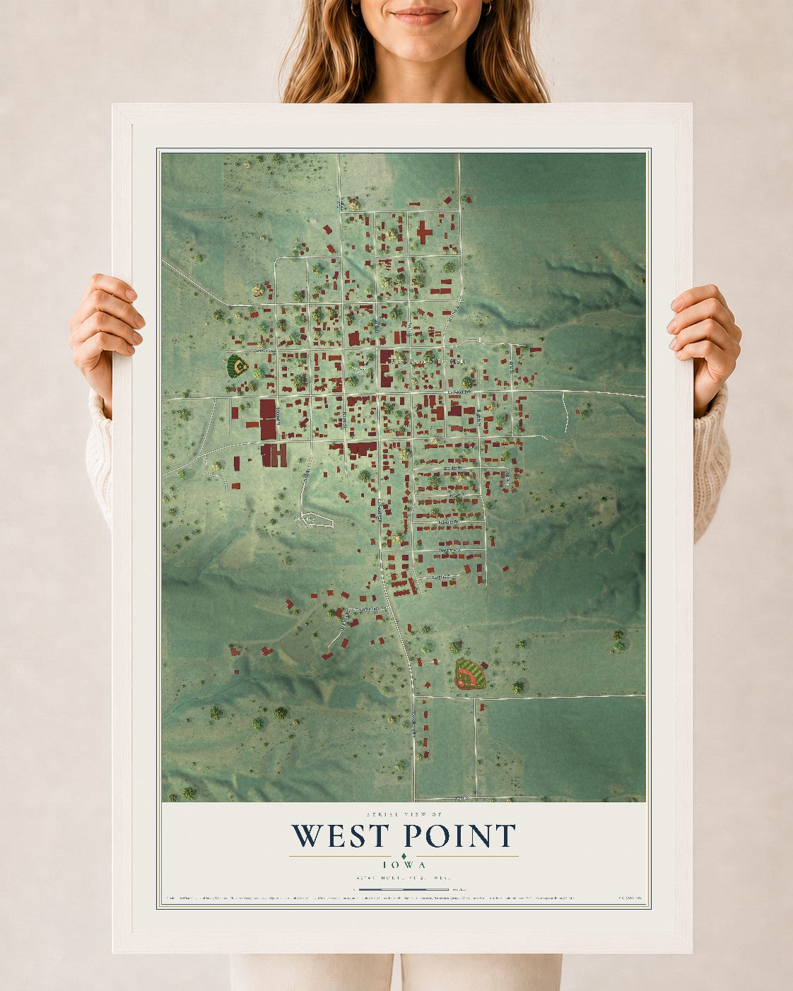 Map of West Point, Iowa, 24 x 36 inch print in a white wood frame